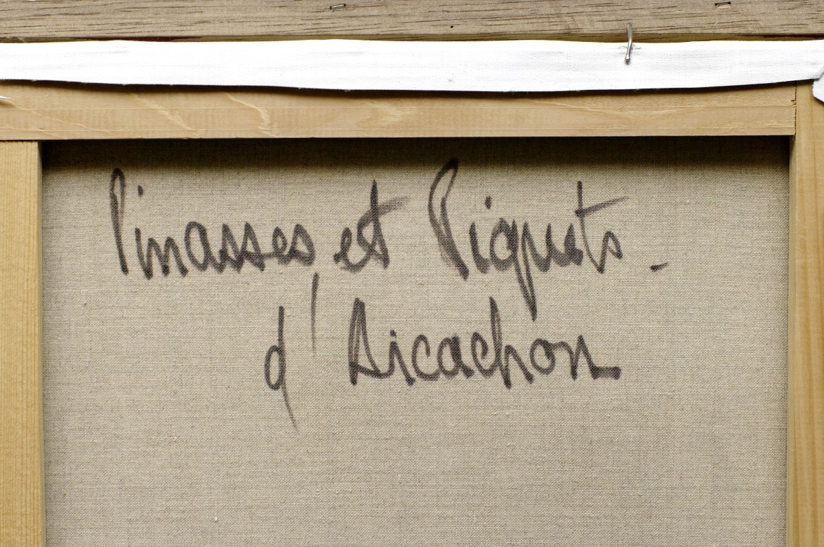 Tableau par François Franck Bassin d'Arcachon Pinasses aux Piquets vers 1970-photo-2