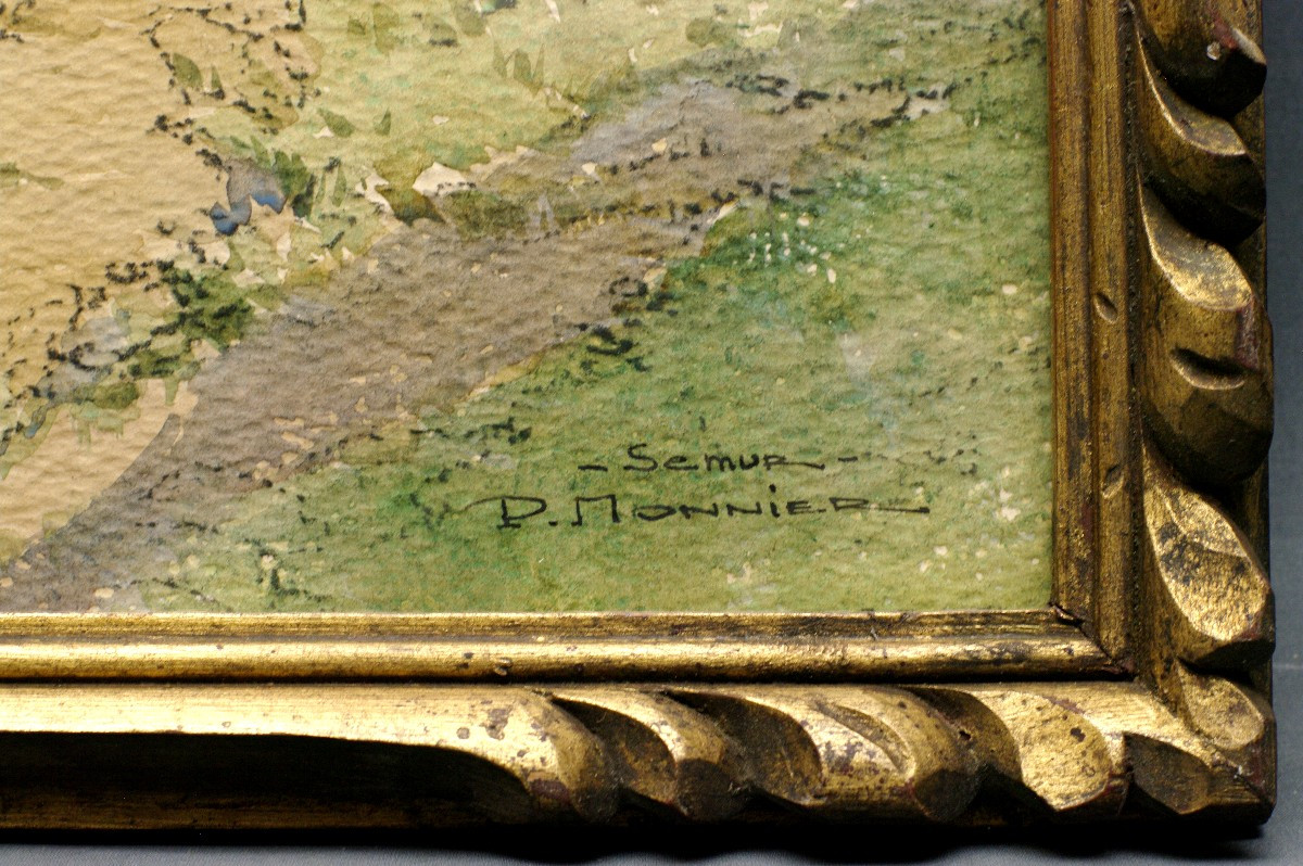 Watercolor P. Monnier Semur-en-auxois Early 20th Century Pinard Bridge-photo-2