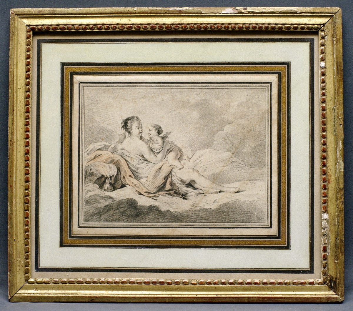 Gravure ancienne par Bonnet d'après Boucher l'Amour caressée cadre bois doré