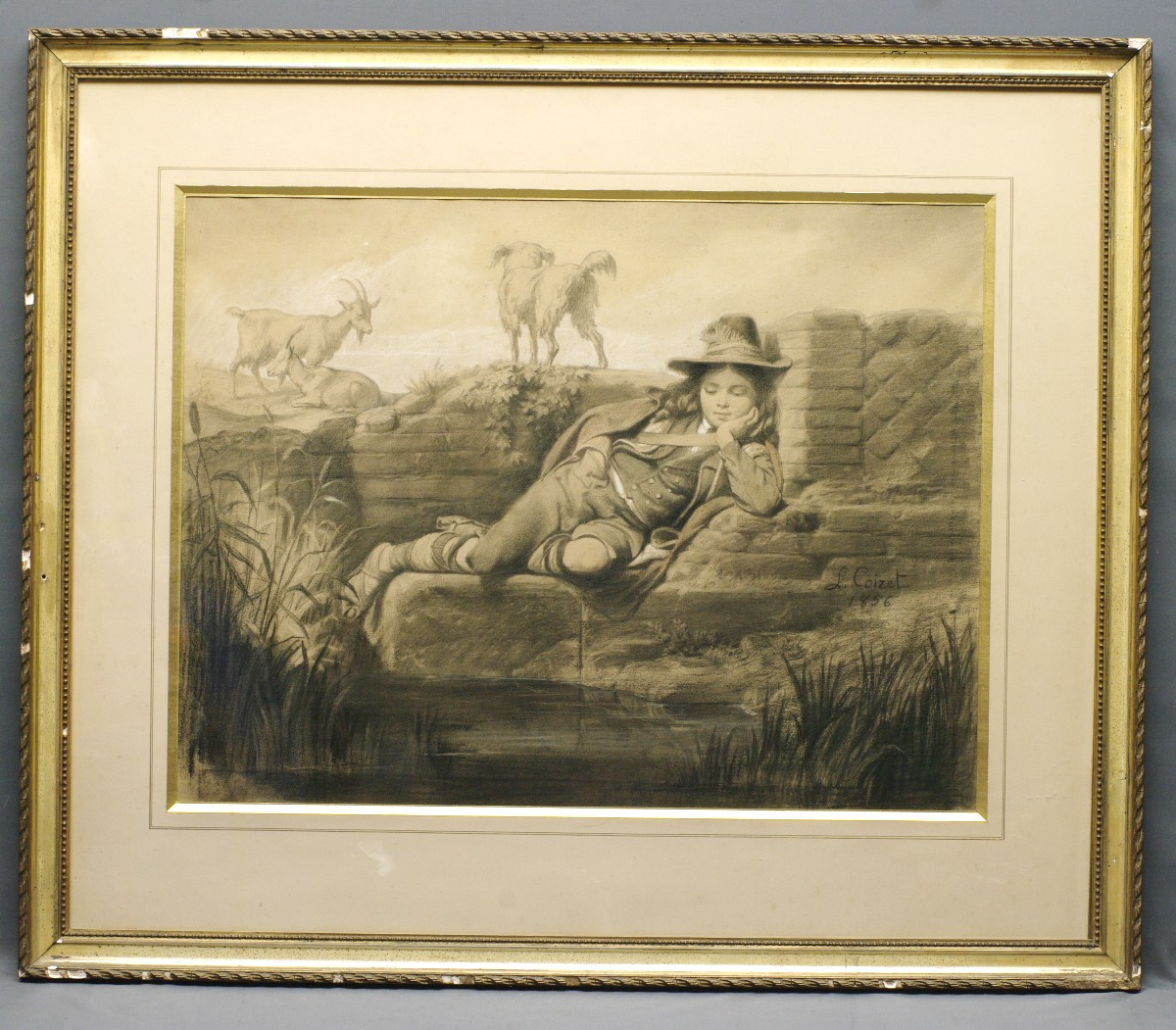Large Drawing Louis Coizet 1856 Lyon School Young Shepherd-photo-4