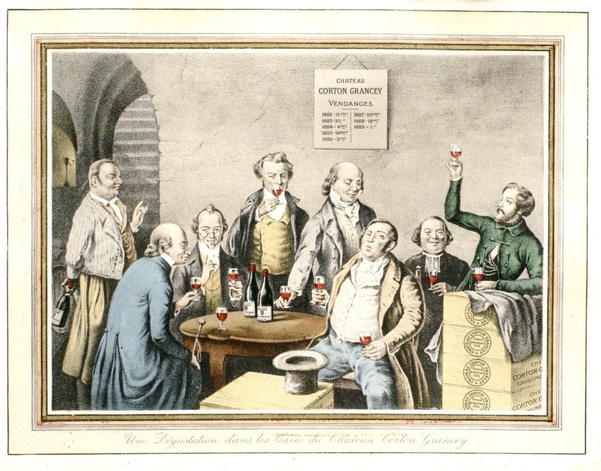 Corton Grancey Circa 1830 Color Lithograph A Wine Tasting-photo-2