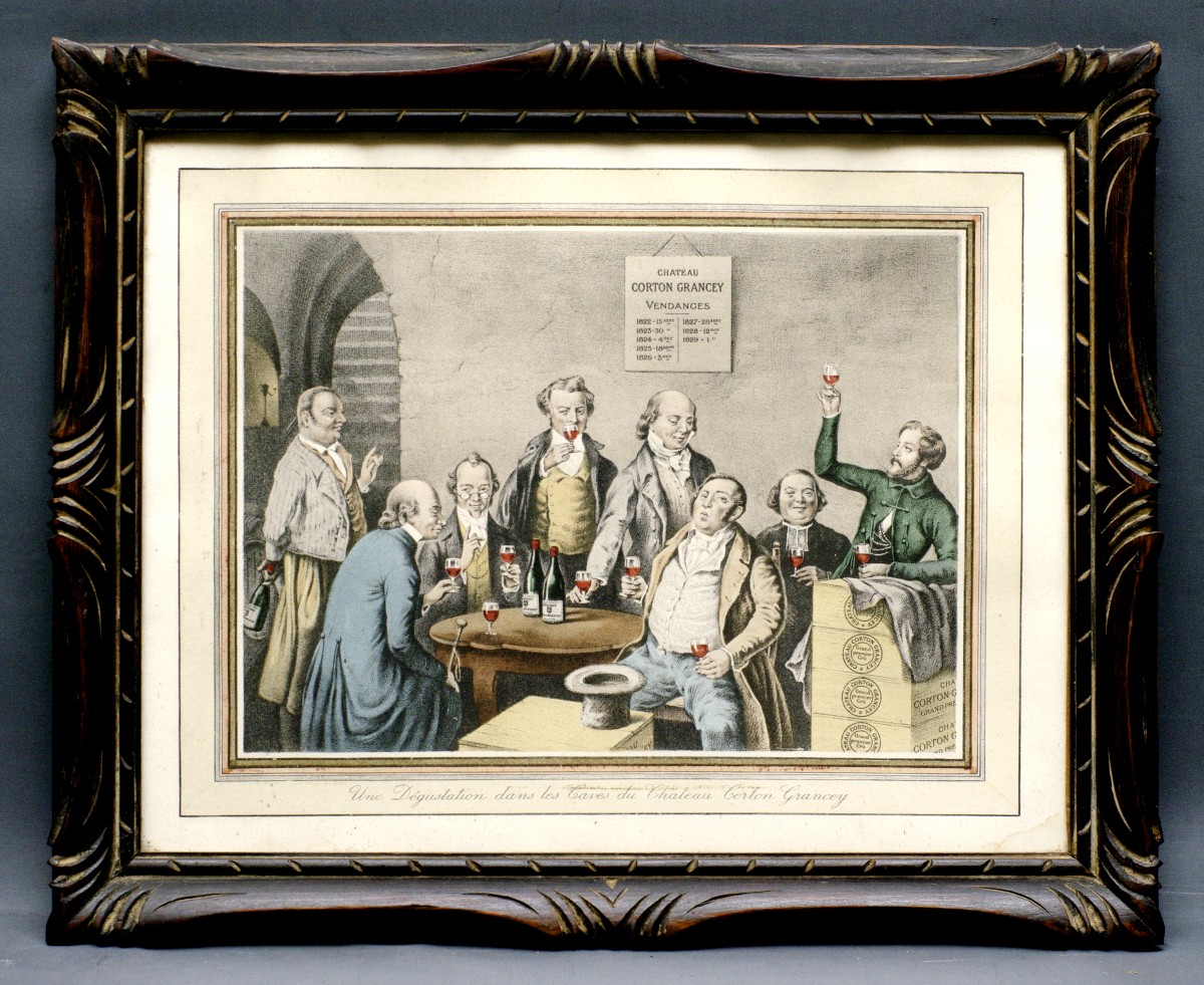 Corton Grancey Circa 1830 Color Lithograph A Wine Tasting