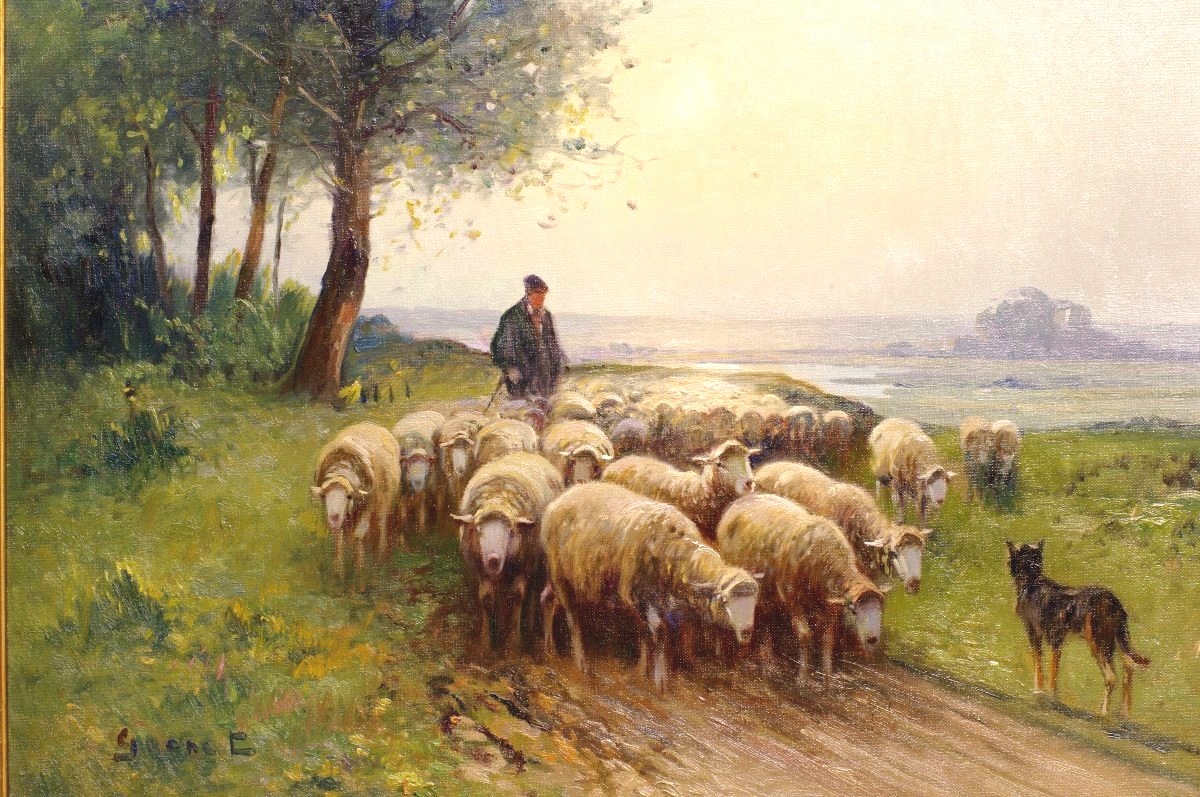 Adolphe Grenet de Joigny tableau vers 1880 Troupeau de moutons berger-photo-2