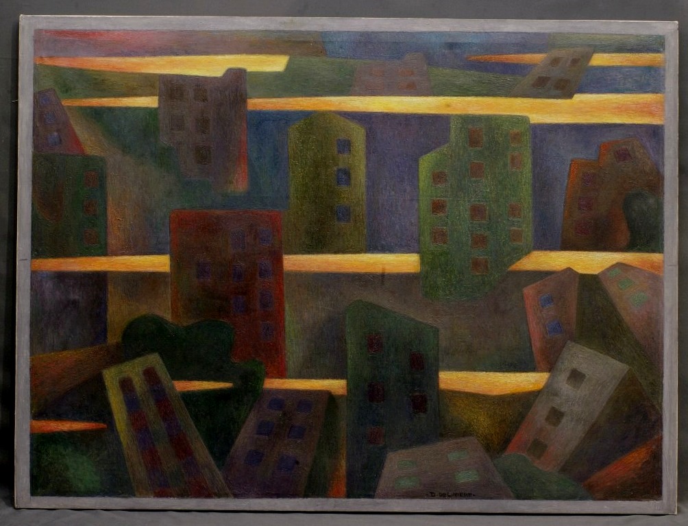 Daniel DE LINIERE tableau huile sur toile Couchant sur la ville vers 1980