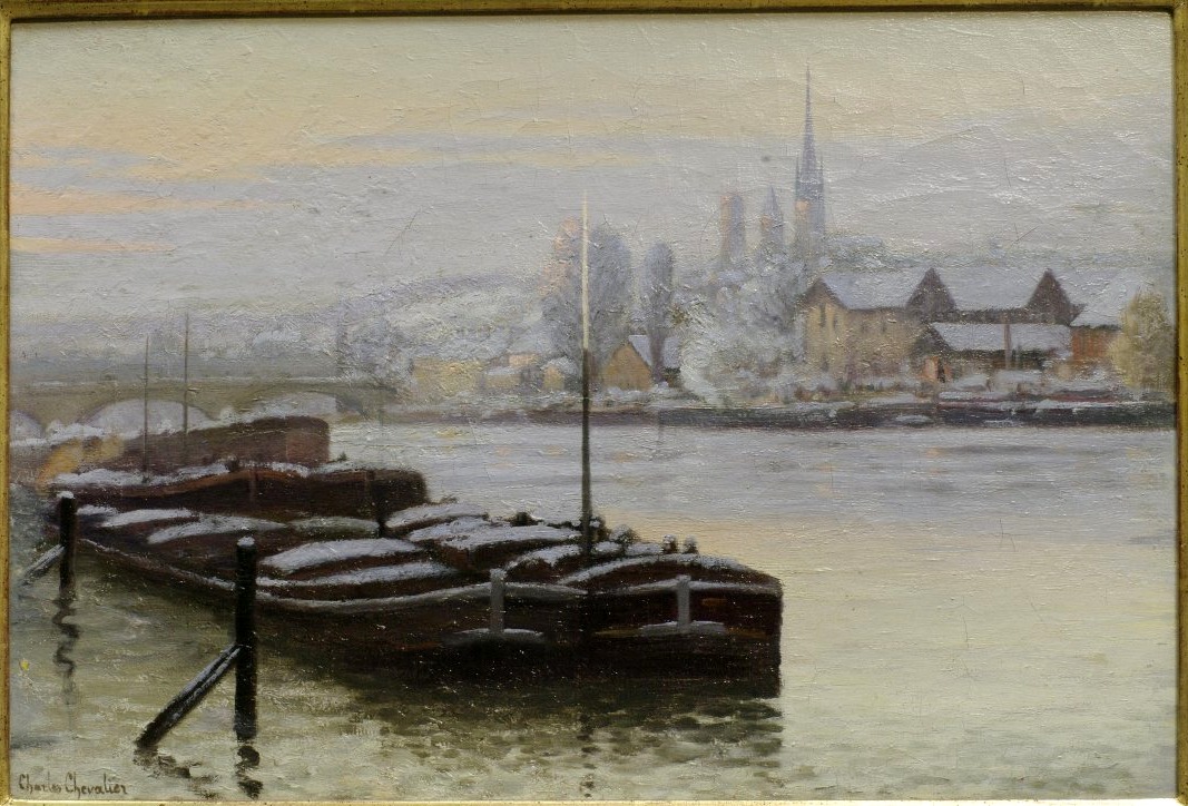 Tableau Charles Chevalier La Seine à Rouen effet de neige Péniches-photo-2
