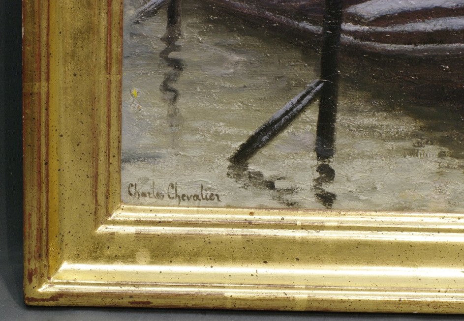 Tableau Charles Chevalier La Seine à Rouen effet de neige Péniches-photo-3