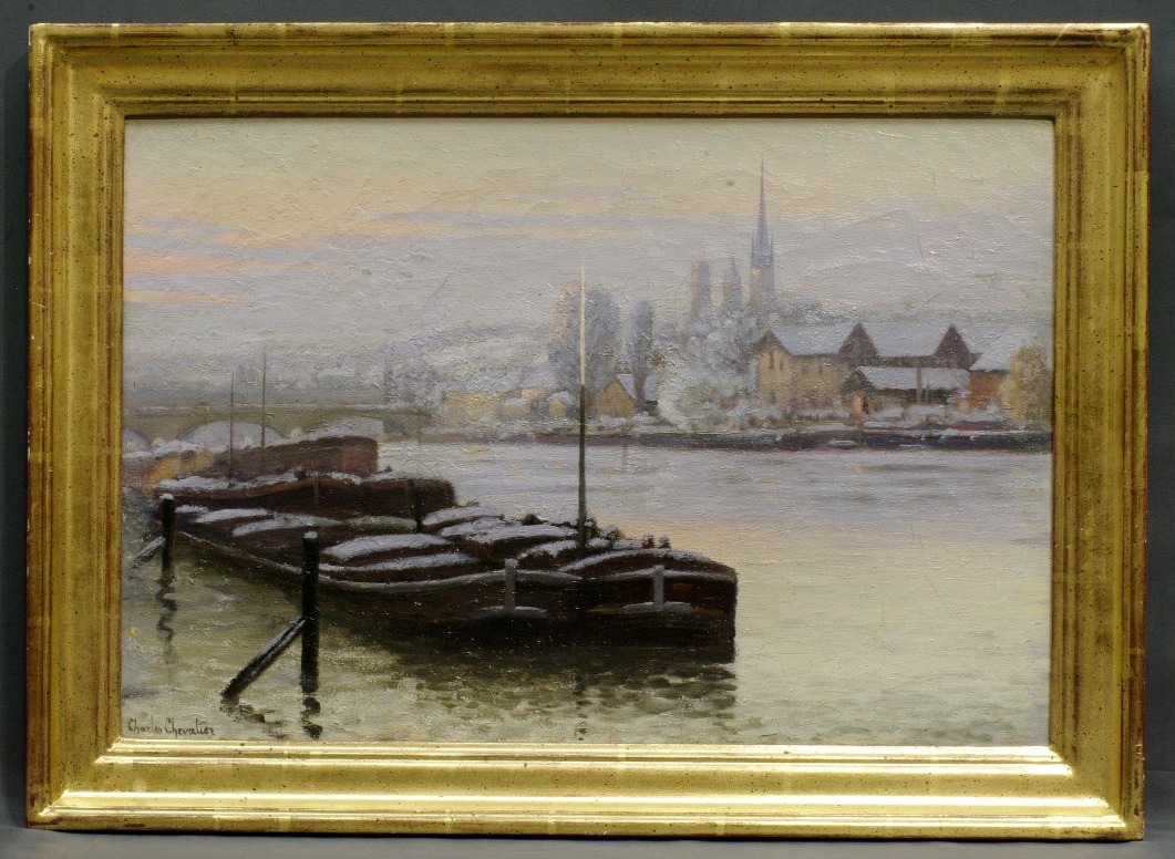Tableau Charles Chevalier La Seine à Rouen effet de neige Péniches