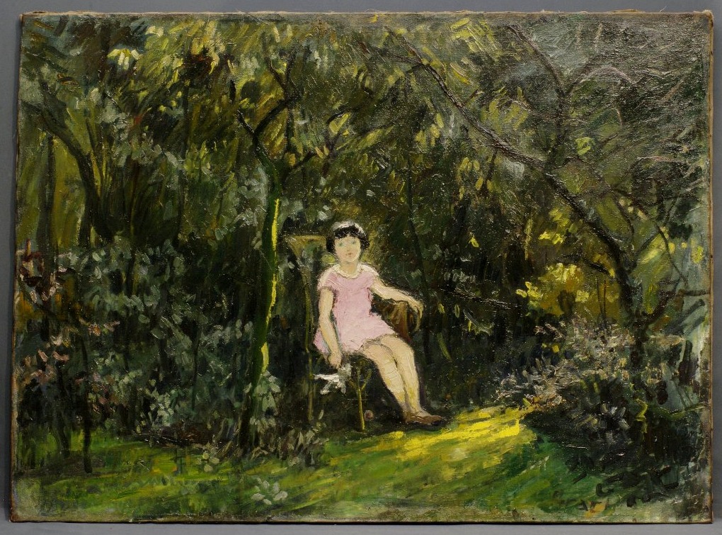 Grand tableau 1920 art-déco Fillette et poupée