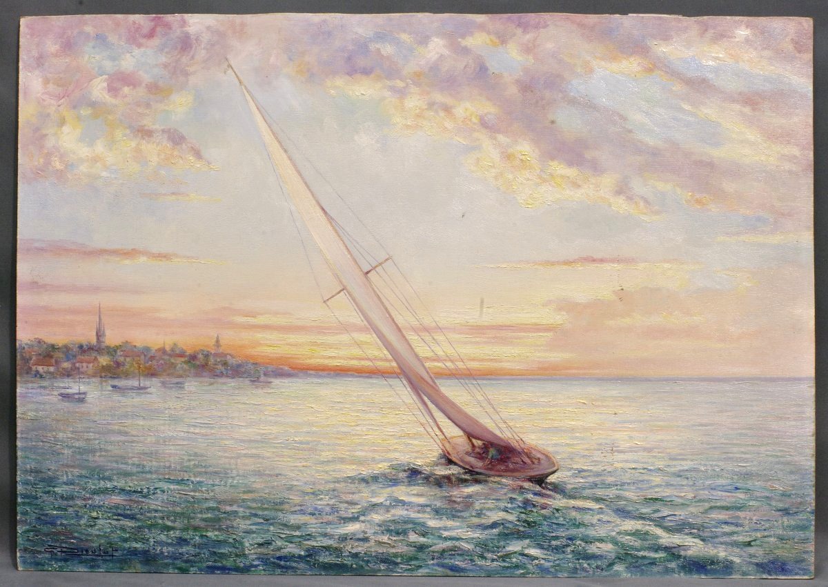 Tableau Vue d'Arcachon vers 1935 Gaston Dieulot bassin Bateau sous voiles