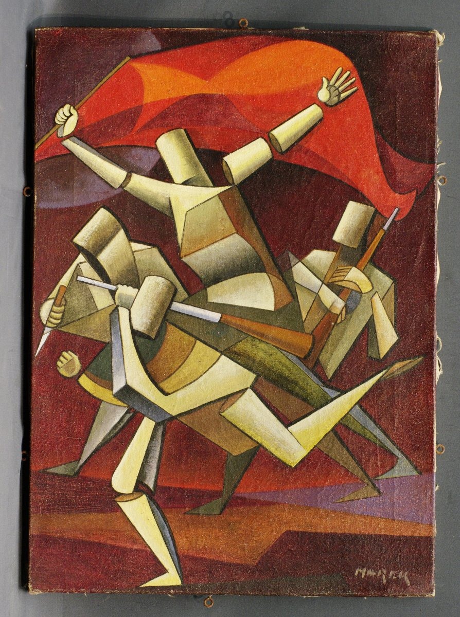 Tableau Cubisme Marek entre 1930 et 1950 soldats au drapeau rouge