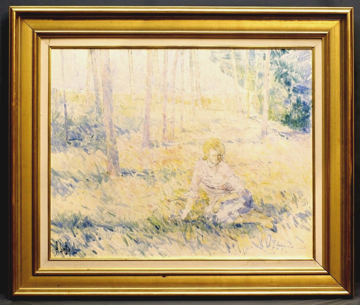 Large Painting By Robert Lambin, *woman In The Woods*, Circa 1960, Post-impressionism