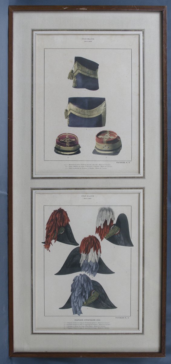 Deux Gravures 19ème Aquarellées Coiffes Militaires Bonnets Képi Militaria