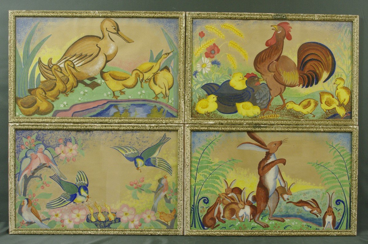 Gouaches Decor Children's Room 1925 Art-deco Suite Of 4 Frames-photo-2