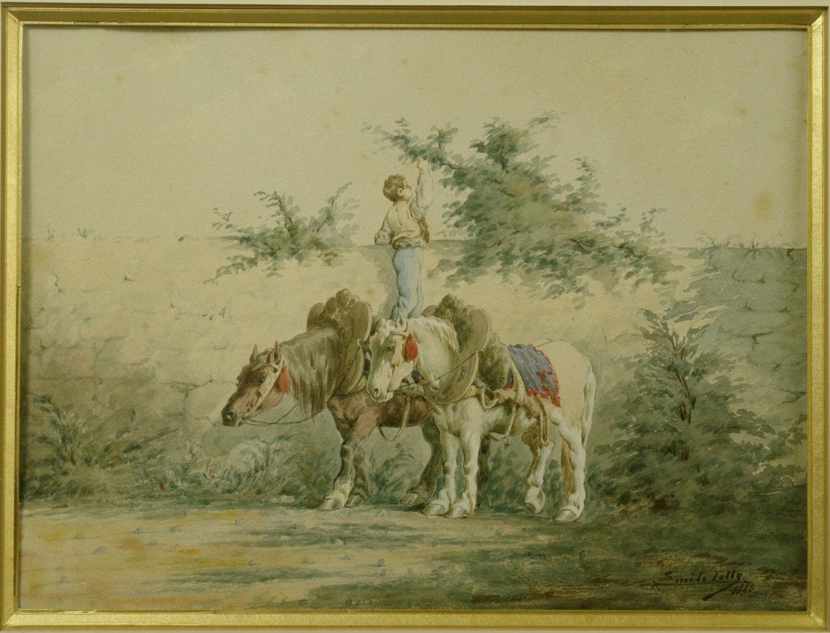 Watercolor 1880 By Emile Jolly Horses Percheron-photo-2