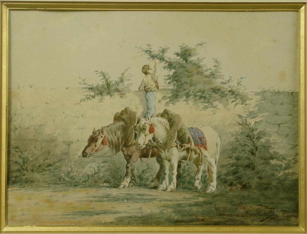 Aquarelle 1880  Par Emile Jolly Chevaux Percheron -photo-2