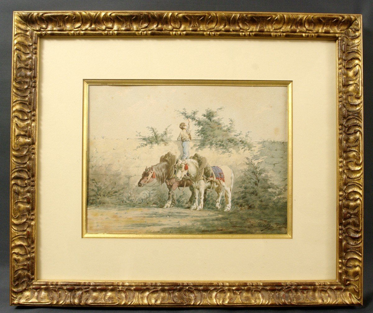 Aquarelle 1880  Par Emile Jolly Chevaux Percheron 