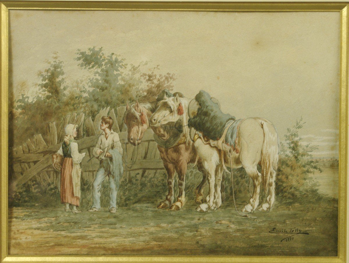 Aquarelle 1880  Par Emile Jolly Chevaux Percheron -photo-2