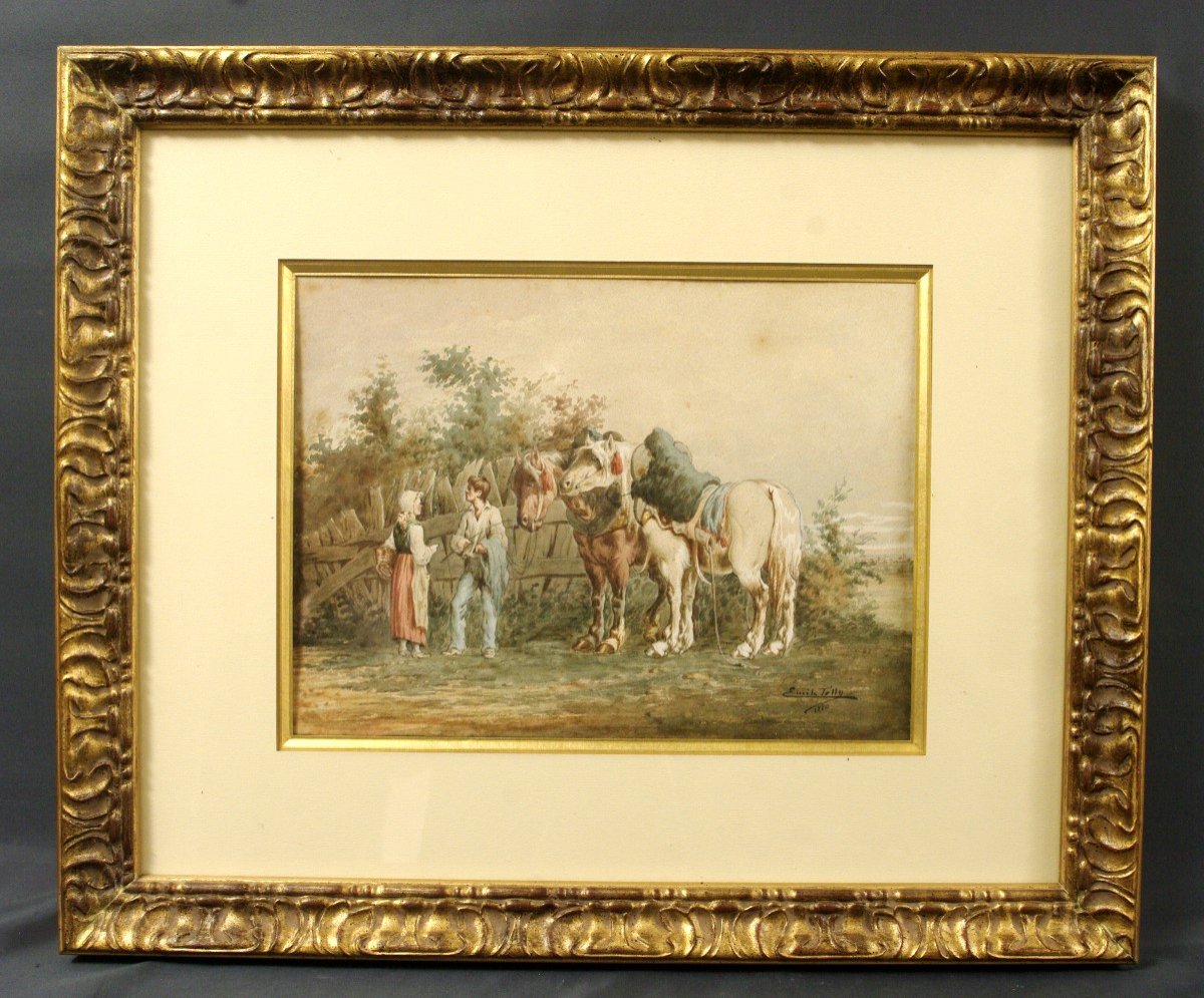 Aquarelle 1880  Par Emile Jolly Chevaux Percheron 