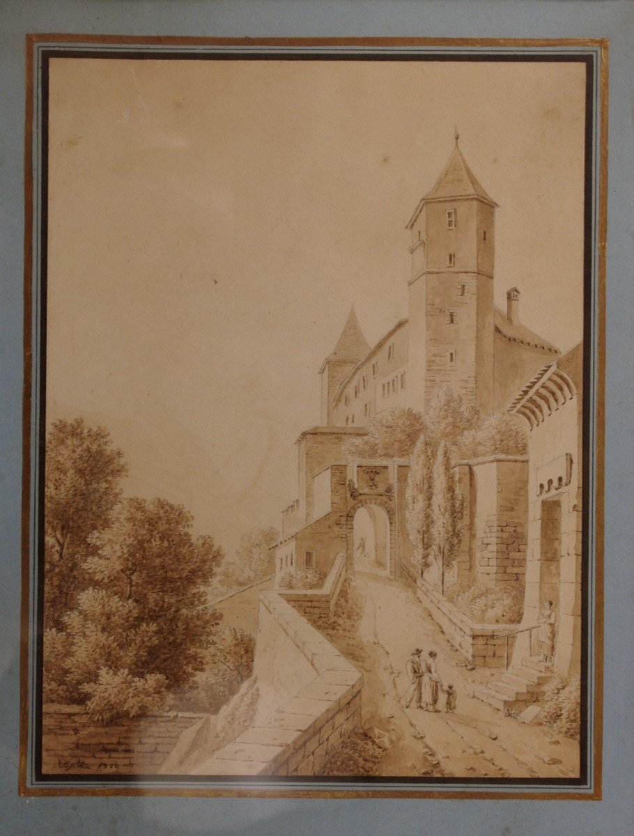 Dessin Rapperswil 1820 Suisse Signé Sophie Lac de Zurich-photo-2