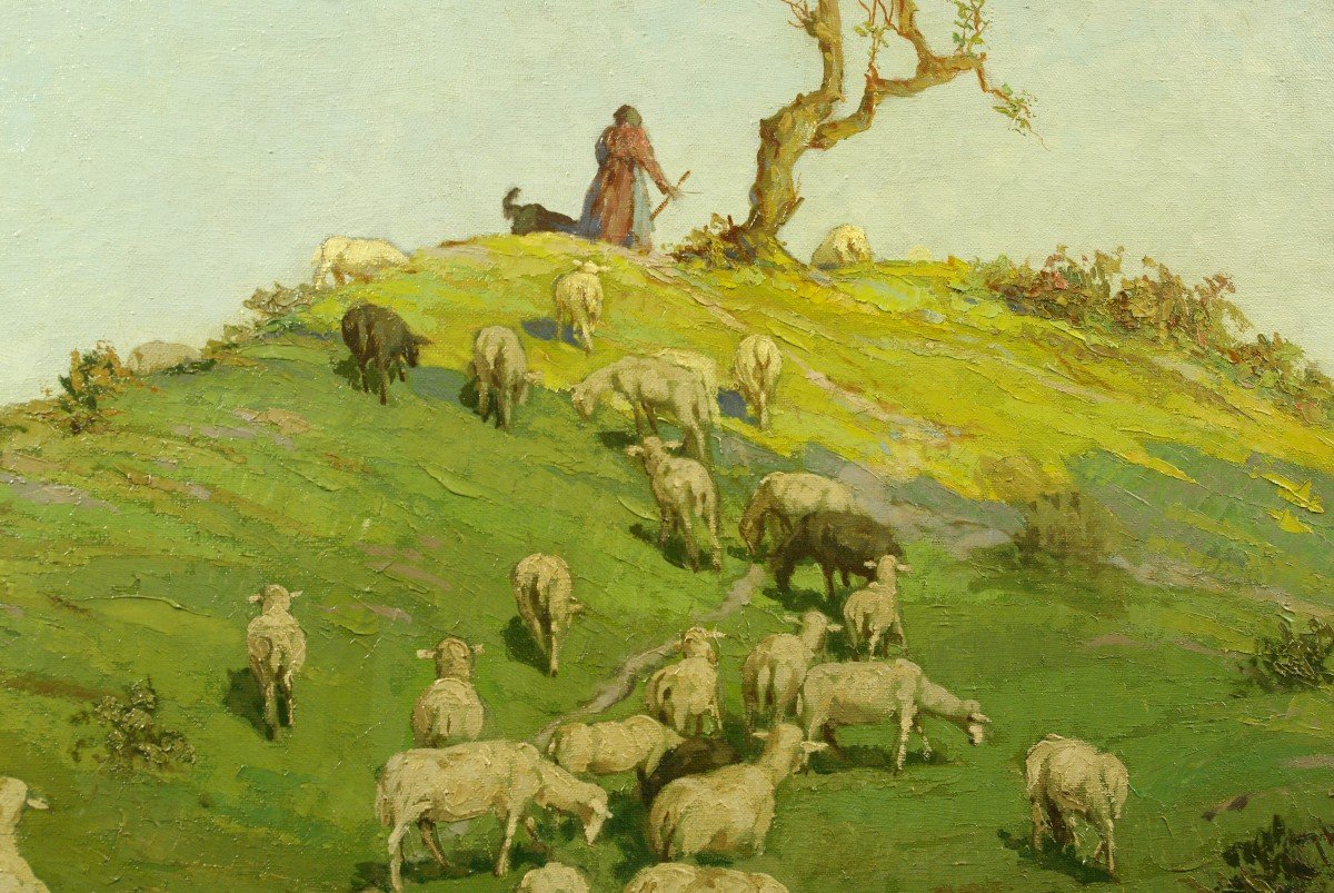 Tableau Giulio Vittini Bergère Et Troupeau De Moutons Vers 1930-photo-2