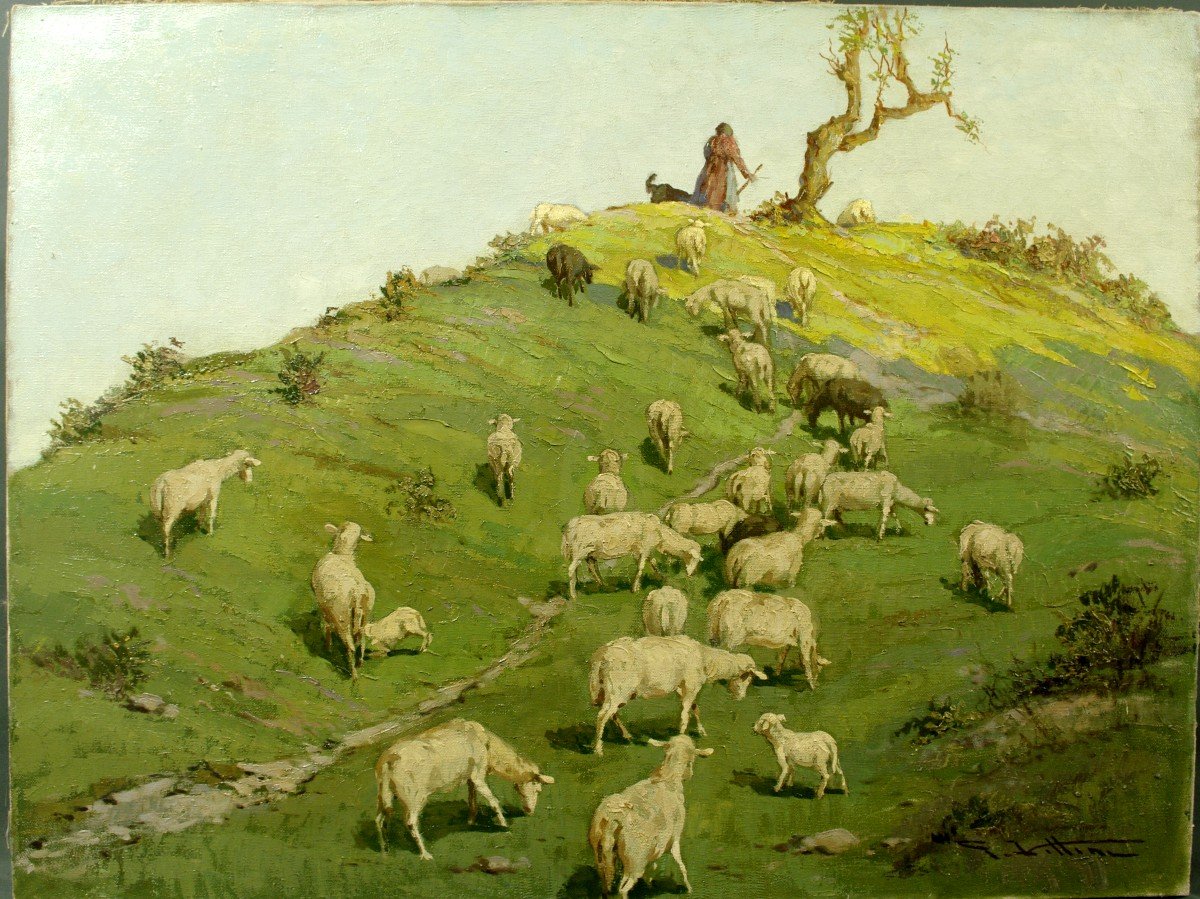 Table Giulio Vittini Shepherdess And Herd Of Sheep Circa 1930