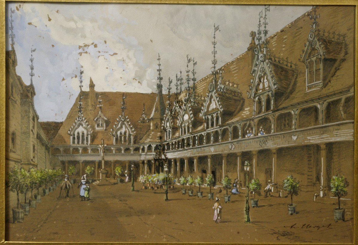 Gouache 19th Hospices De Beaune Hôtel-dieu-photo-3