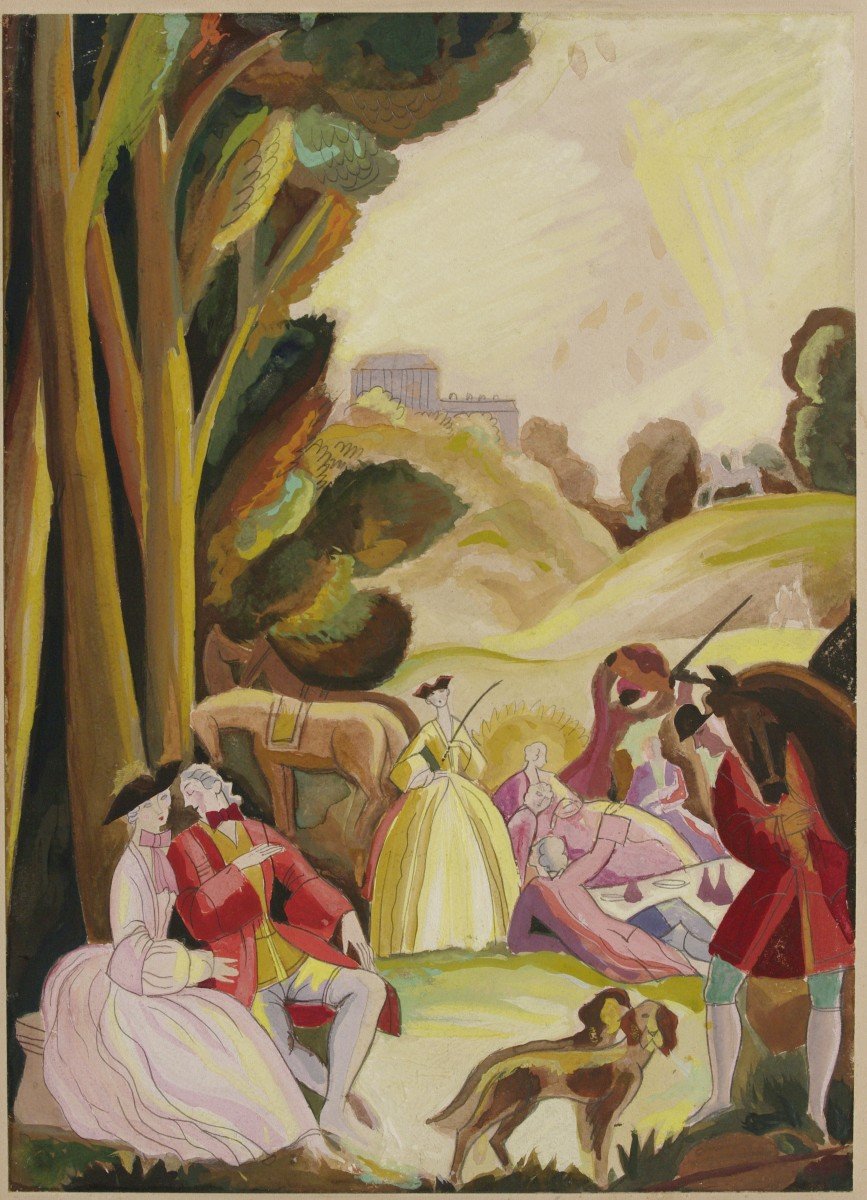 Gouache 1925 Art-deco Lunch On The Grass Or The Rest Riding-photo-2