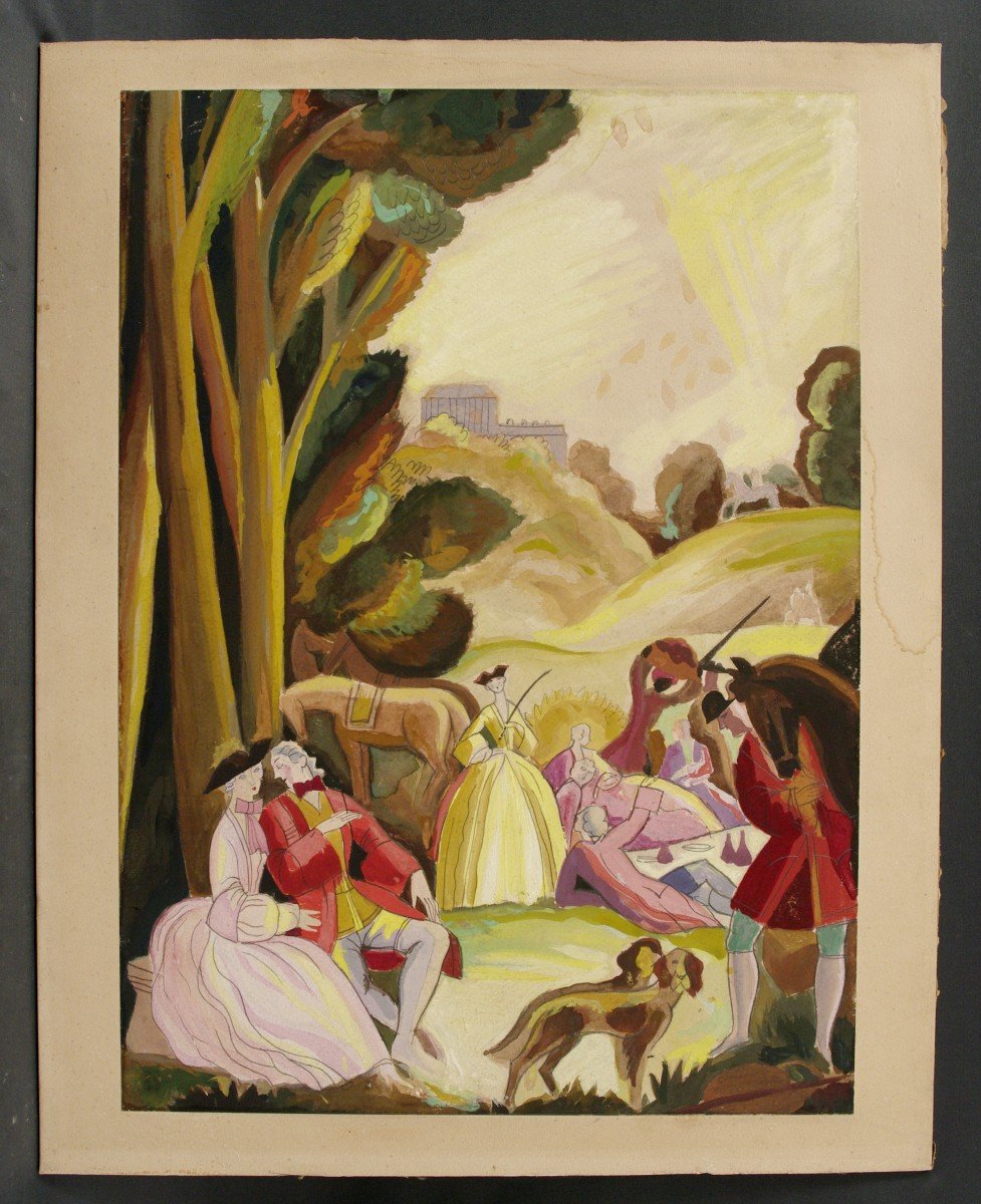 Gouache 1925 Art-deco Lunch On The Grass Or The Rest Riding-photo-4