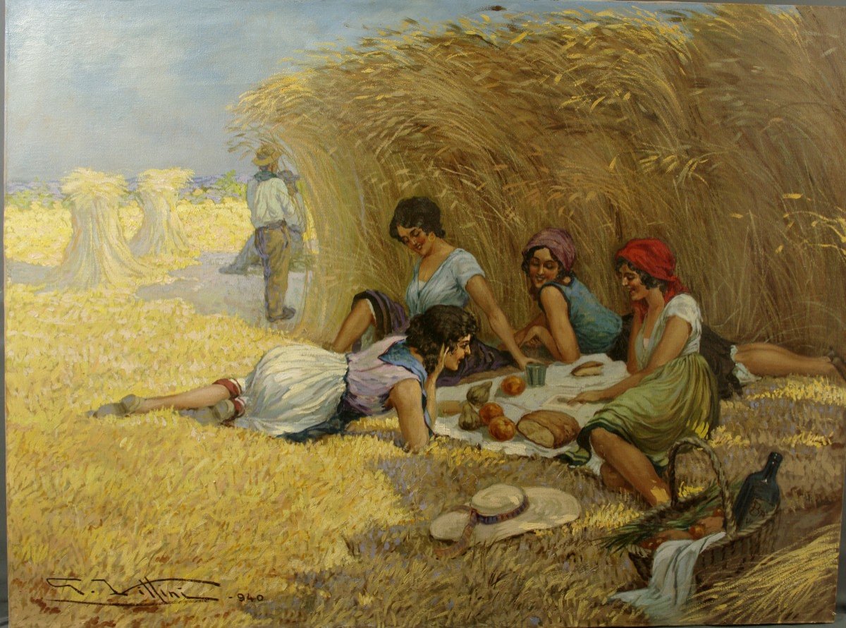 Tableau Vittini Giulio 1940 Déjeuner Sur l'Herbe Ou Les Moissons-photo-2