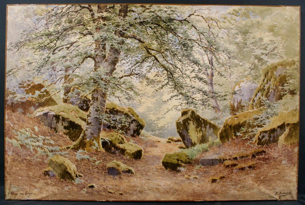 Très Grande Aquarelle Joseph-clément-maxime Jeannot Gorge Aux Loups Forêt De Fontainebleau