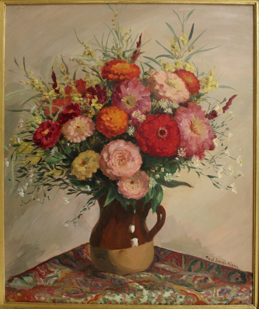 Painting Bouquet Of Peonies And Mimosa Flowers By Hians 1930-photo-3