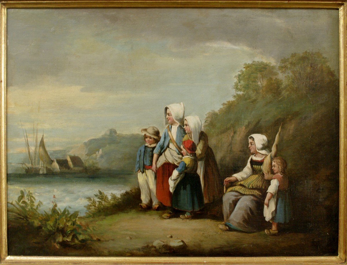 Mid 19th Century Painting Waiting For The Fishing Return-photo-2