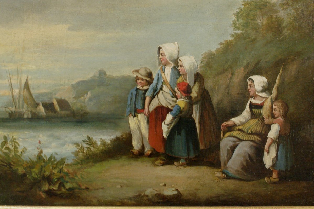 Mid 19th Century Painting Waiting For The Fishing Return-photo-3