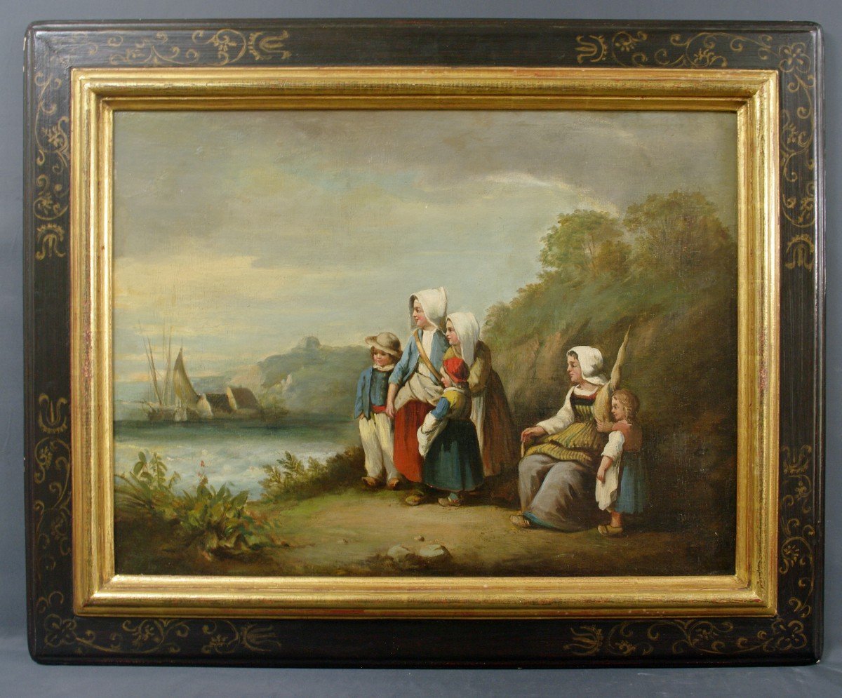 Mid 19th Century Painting Waiting For The Fishing Return