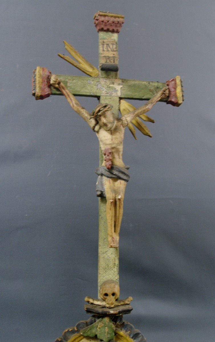Crucifix Vers 1800 Bois Polychrome Amérique Du Sud-photo-2
