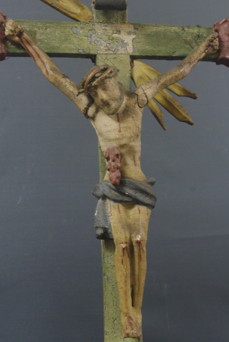 Crucifix Circa 1800 Polychrome Wood South America-photo-1
