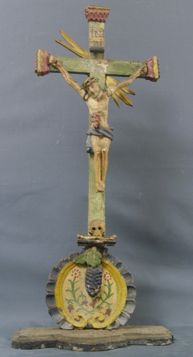 Crucifix Vers 1800 Bois Polychrome Amérique Du Sud