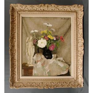 Painting Henri Déziré Around 1930 Bouquet Of Zinnias