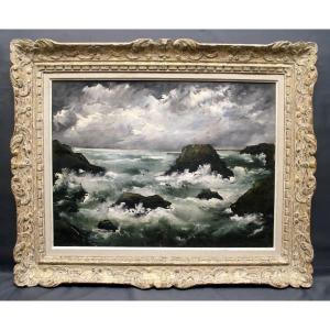 Tableau Vers 1950 Marcel Bouyeron Bretagne Par Gros Temps