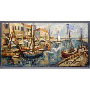 Large Oil Painting On Canvas Around 1950 Marine Boats Sailboats