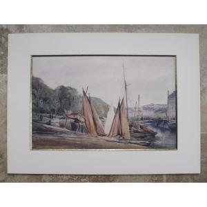 Large Watercolor 19th Sailboats In Port