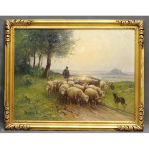 Adolphe Grenet de Joigny tableau vers 1880 Troupeau de moutons berger