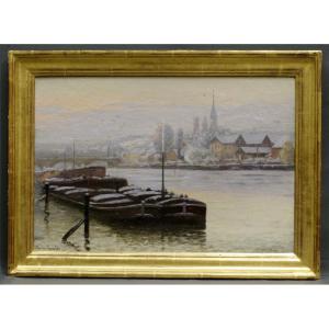 Painting By Charles Chevalier: The Seine At Rouen, Snow Effect, Barge Boats