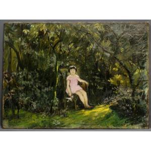 Grand tableau 1920 art-déco Fillette et poupée