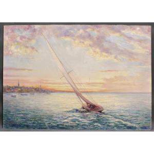 Painting: View Of Arcachon, Circa 1935, By Gaston Dieulot; Harbor; Sailboat