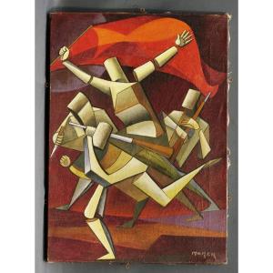 Cubist Painting By Marek, Between 1930 And 1950: Soldiers With A Red Flag