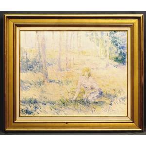 Grand tableau Robert Lambin femme sous bois vers 1960 Postimpressionnisme