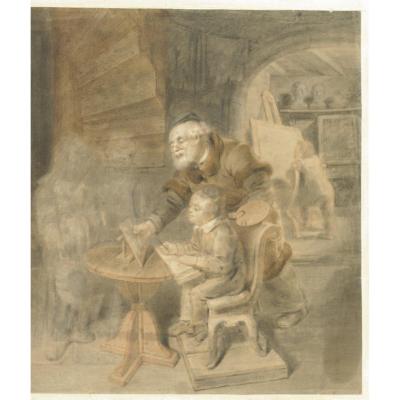 Dessin Fusain étude 1833 l'Atelier du peintre  La Leçon 