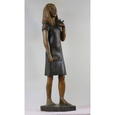 Large Wood Sculpture Alfred Benon 1955 Little Girl With A Bird Saumur Maine-et-loire