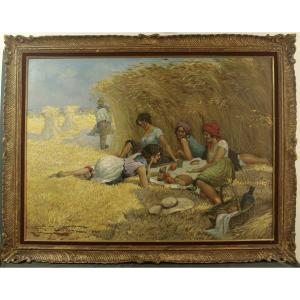 Tableau Vittini Giulio 1940 Déjeuner Sur l'Herbe Ou Les Moissons